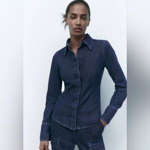 Zara Cotton Blend Dark Wash Denim Button-Up Shirt